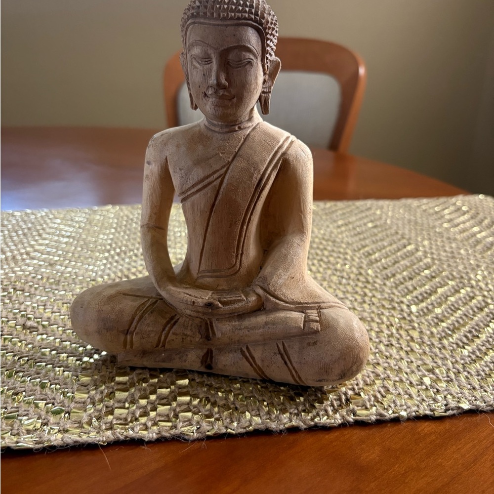 7.5 inch tall wooden hand crafted sitting Tan Buddha Sculpture